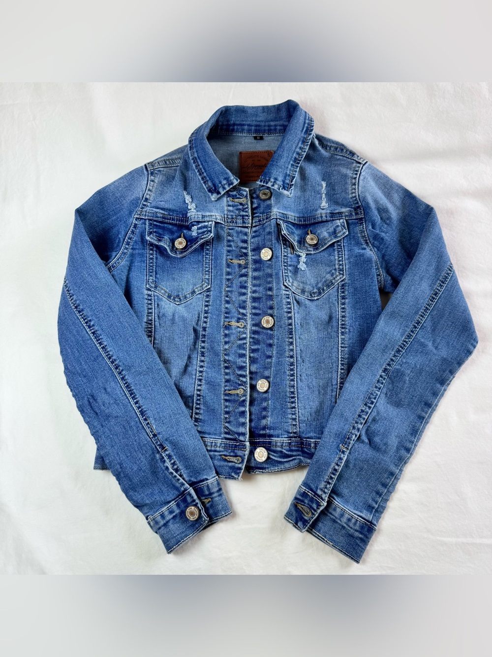 Special One Light Wash Distressed Stretch Denim Jacket Size Small (C)